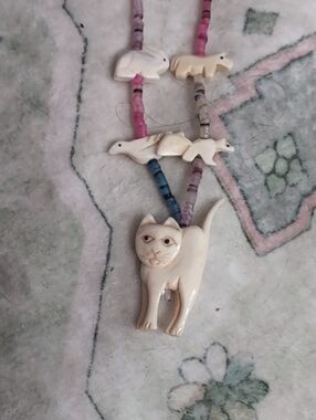 Bone Cat Fetish Style Necklace with Rainbow Shell Beads
